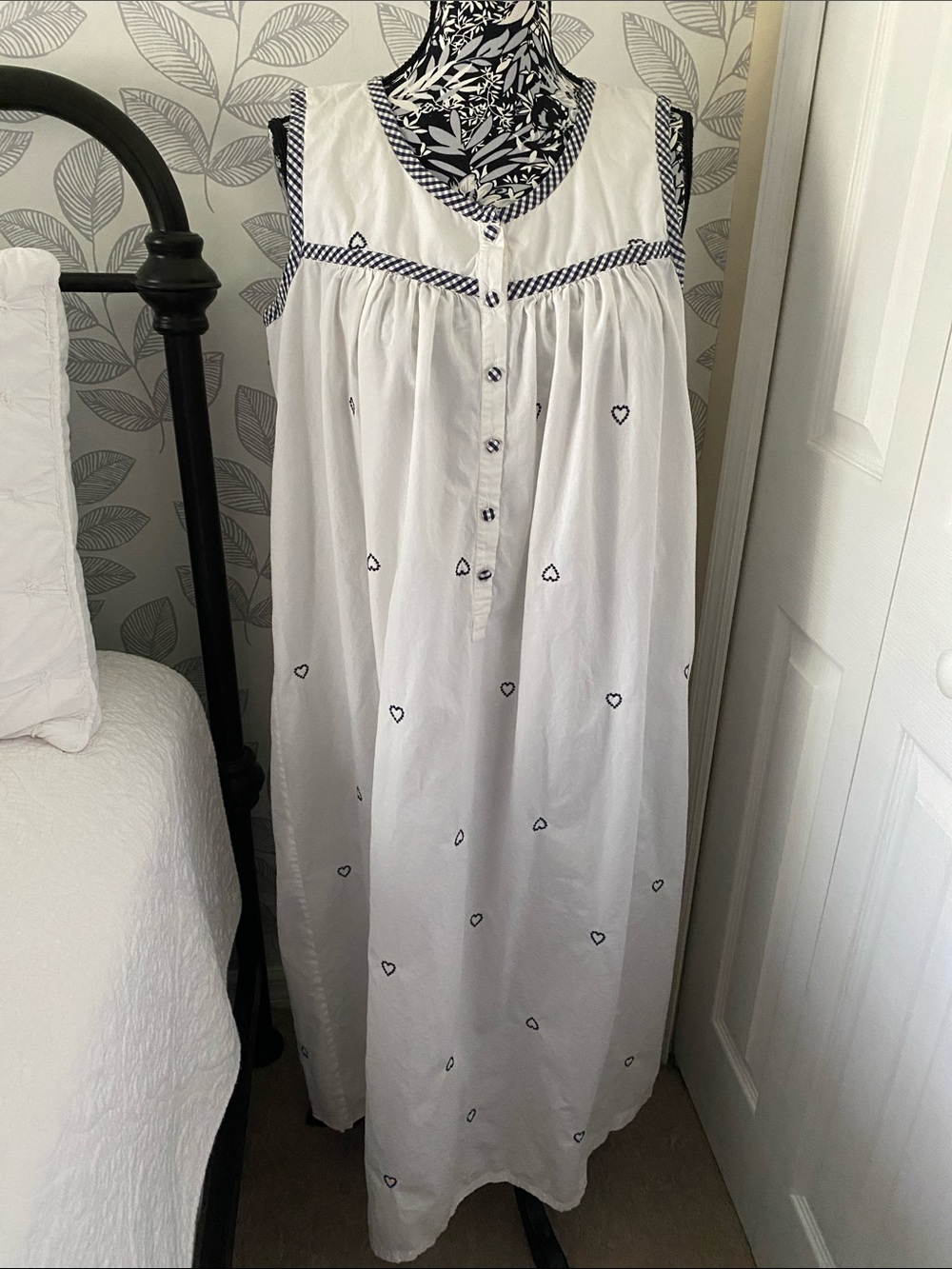 Vintage Talbots White Nightgown with Navy Gingham Trim & Embroidered Navy Hearts